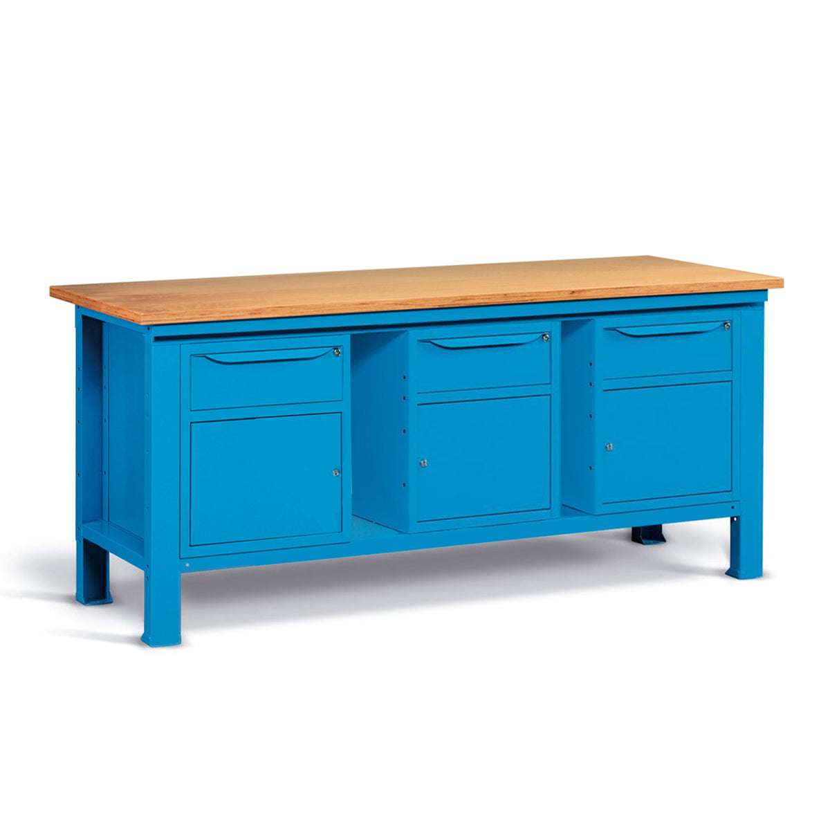 Banco da lavoro per officina piano in legno 2000 X 750 X 880 H - 3 armadi 1 cassetto 1 porta - FAMI - Blu