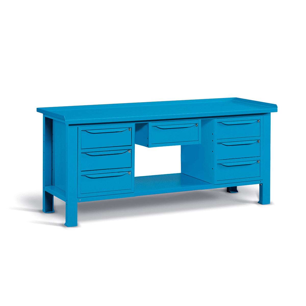 Banco da lavoro per officina piano in acciaio 2007 x 705 x 855 H - 2 armadi 3 cassetti + 1 armadio 1 cassetto - FAMI - Blu