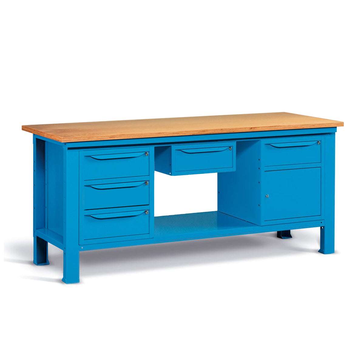 Banco da lavoro per officina piano in legno 2000 X 750 X 880 H - armadio 3 cassetti + armadio 1 cassetto 1 porta + armadio 1 cassetto- FAMI - Blu