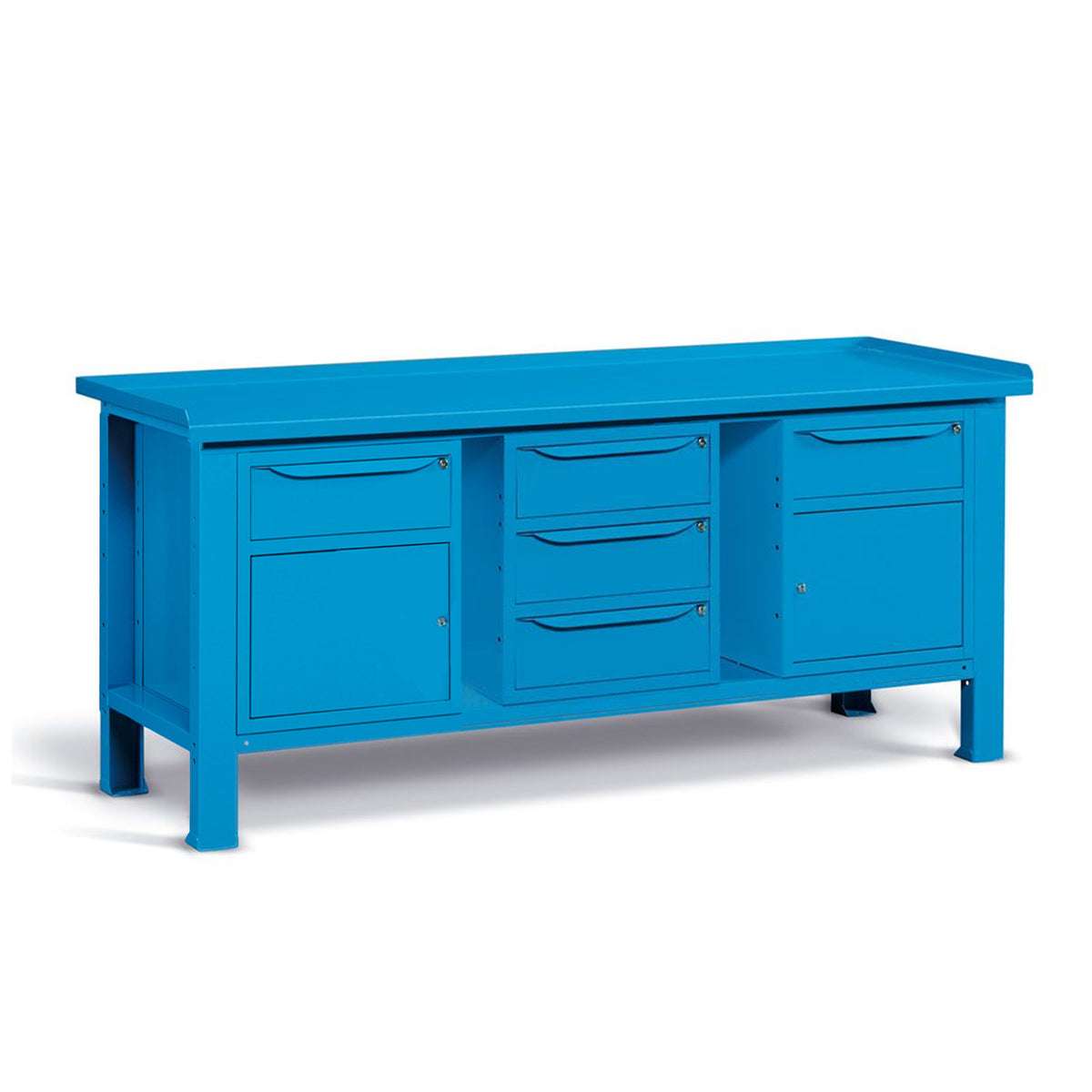 Banco da lavoro per officina piano in acciaio 2007 x 705 x 855 H - 2 armadi 1 cassetto 1 porta + 1 armadio 3 cassetti - FAMI - Blu